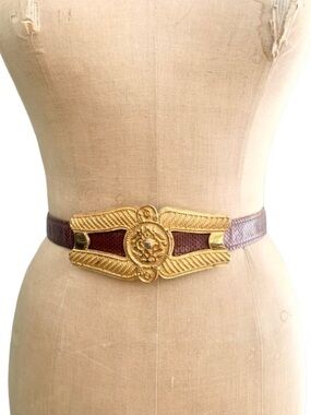 Vintage Alexis Kirk Chunky Gold Tone Etruscan Brown Leather Belt 19"-32.5”